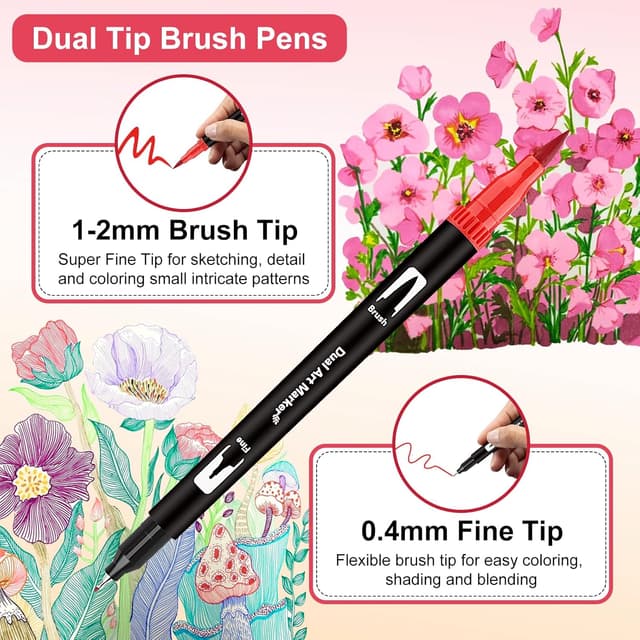 Detalle de Funnasting Dual Tip Colouring Pens (48 colours) – felt tip brush pens and fine liners for adult colouring, drawing and sketching