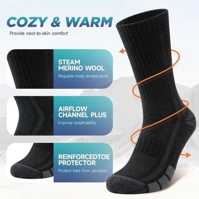 Detalle de TANSTC Merino Wool Hiking Socks (Men & Women) – Breathable Cushioned Crew, 3 Pairs, OEKO-TEX Certified