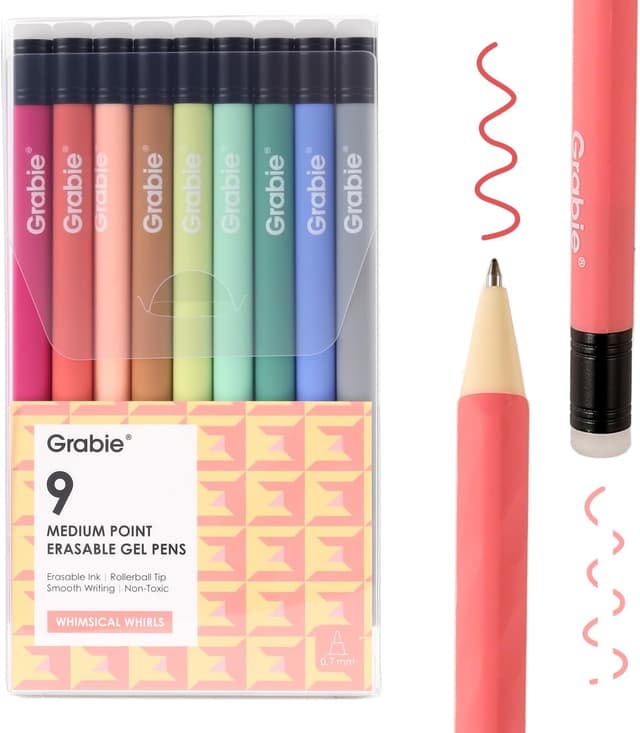 Detalle de Grabie Erasable Gel Pens (9 Colours) with 0.6mm Medium Point – Smooth Writing Rollerball for Notes & Drawing