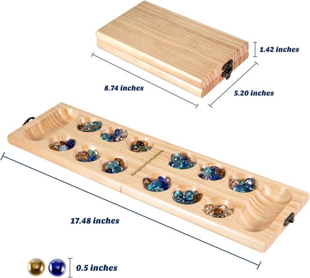 Detalle 1 de AMEROUS Wooden Mancala Board Game Set (Folding Board) with Glass Stones – Portable Mancala Instructions & Gift Package