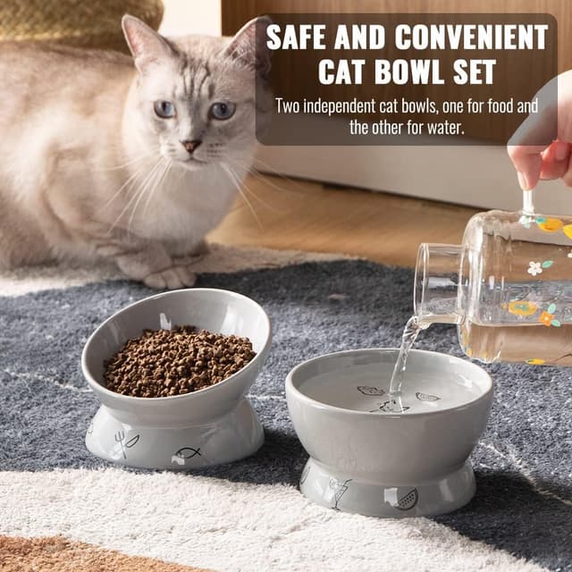 Detalle de Sweejar Home Raised Cat Bowls Set (Tilted Food Bowl & Deep Water Bowl) – Ceramic, Set of 2, Gray