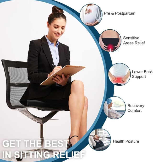 Detalle de Emoobin Donut Sitzkissen (45 cm) mit Memory-Schaum – Ringkissen für Bürostuhl & Zuhause, Schwarz