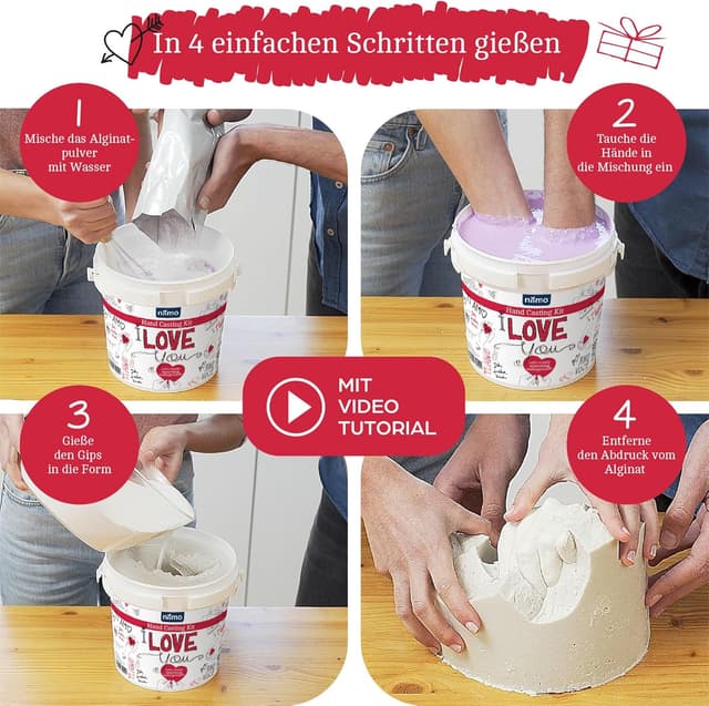 Detalle 2 de Niimo® 3D Handabdruck-Set „I love you“ für Paare – personalisierte Gipsabdruck-Hände (Video-Tutorial)