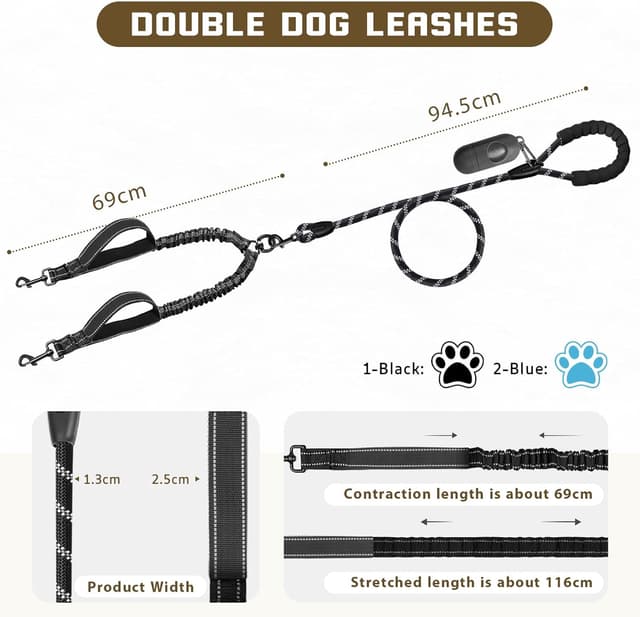 Detalle 2 de Blanlody Double Dog Lead for Walking 2 Dogs — No-tangle bungee split lead with reflective design and padded handles