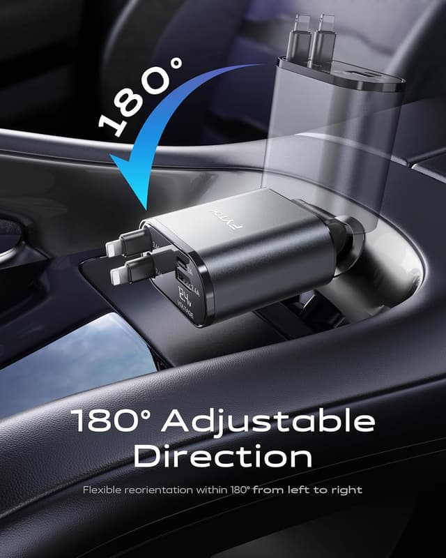 Detalle 2 de Retractable Car Phone Charger 4-in-1 20W USB 12V Car Adapter with 2 Retractable Cables
