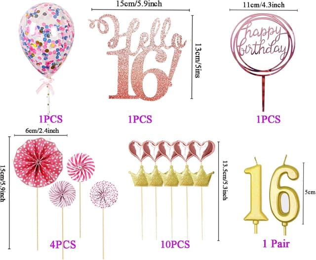 Detalle de Yitla 16. Tortendeko Geburtstag Frau mit 16th Kerzen & Glitzer-Topper, 20 Stück