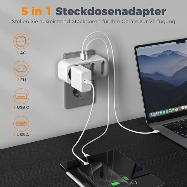 Detalle 2 de TESSAN Mehrfachstecker mit USB, 3-fach