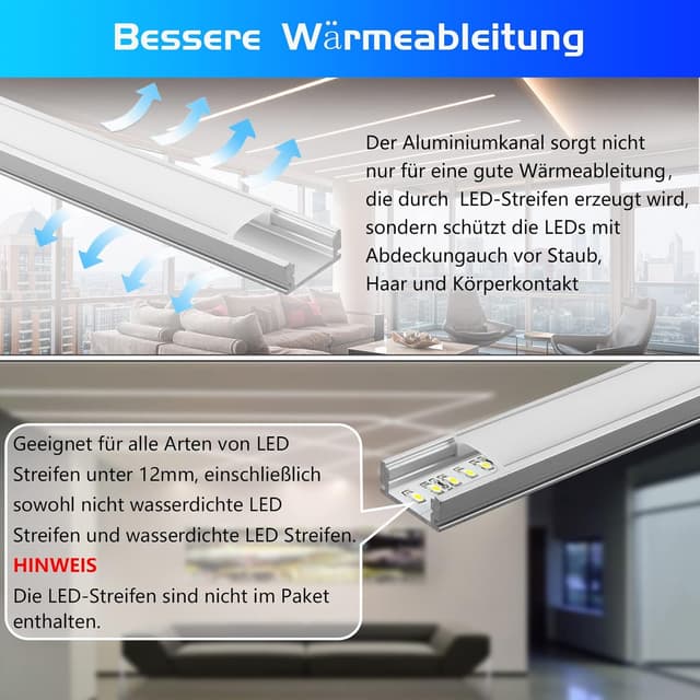 Detalle de 20er-Set LED-Profil Aluminium (U-Form) 20 x 1 m mit milchiger Abdeckung – für LED-Strips