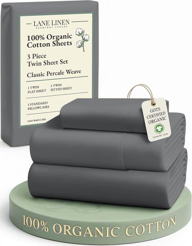 Detalle de Lane Linen 100% Organic Cotton Twin Size 3-Piece Bed Sheets Set (Charcoal, Classic Percale)