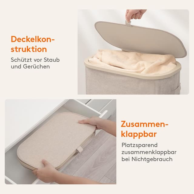 Thumbnail 6 de Lifewit Schmaler Wäschekorb mit Deckel, 65 l – faltbarer Wäschesortierer mit Kunststoffrahmen, beige