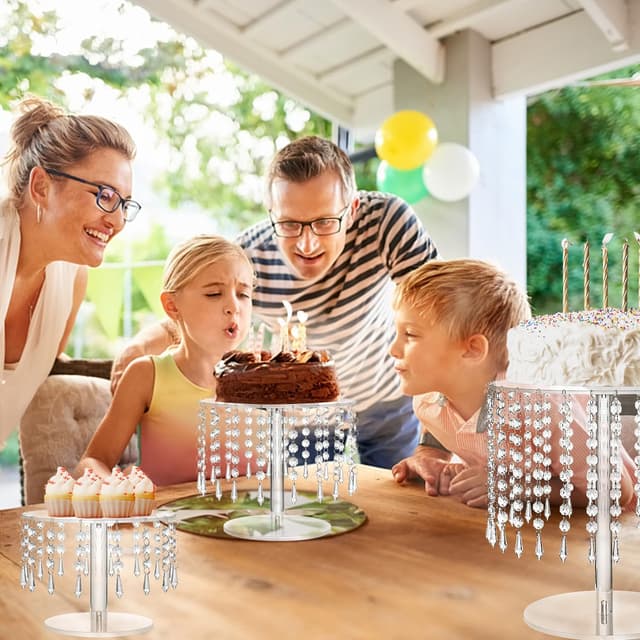 Detalle 2 de LANLONG Crystal Cake Stand Set (3 pcs) – Clear Acrylic Round Cake & Cupcake Stands for Weddings, Birthdays & Parties