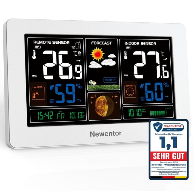 Detalle de Newentor Funk-Wetterstation mit Außensensor, DCF-Funkuhr und Wettervorhersage – inklusive Netzbetrieb