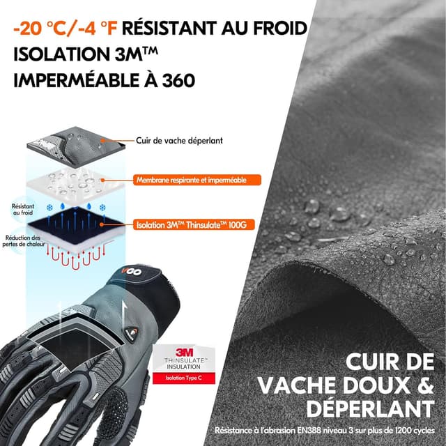 Detalle 2 de VGO CA7722FLWP : paire de gants de mécanicien d’hiver imperméables jusqu’à -20 ℃