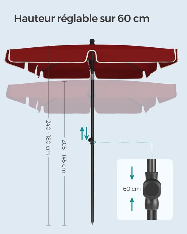 Detalle de Parasol rectangulaire SONGMICS 200 x 125 cm, UPF 50+ inclinable et hauteur réglable (sans base) avec sac de transport