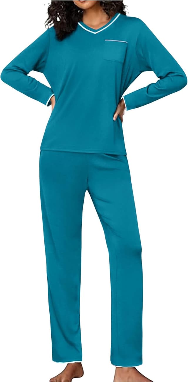 Detalle de Demegimi Damen-Schlafanzug lang mit V-Ausschnitt, einfarbig aus Baumwolle – Winter-Pyjama für Komfort am Abend