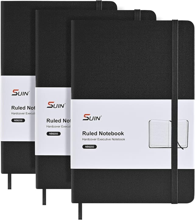 Detalle de SUIN Lot de 3 carnets A5 lignés à couverture simili-cuir (192 pages, papier 100 g/m²) — notes, études et journaling