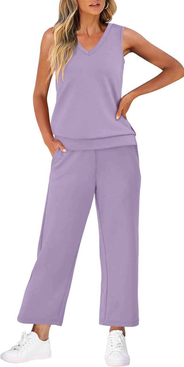 Detalle de WIHOLL Women’s Two-Piece V-Neck Lounge Set with Wide-Leg Cropped Pants
