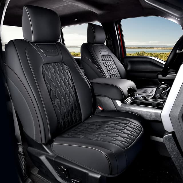 Detalle 2 de Coverado Leather Seat Covers Full Set for Ford F-150 F-250 F-350 F-450 (Black) — Crew Cab Only, Waterproof, Heated/Cooled Compatible