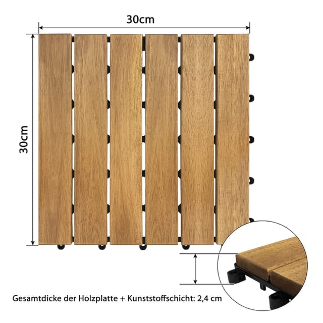 Detalle de Aufun Holzfliesen Terrassenfliesen aus Akazienholz mit Klicksystem, 30 x 30 cm (Modell A, 11 Stück) – ca. 1 m²