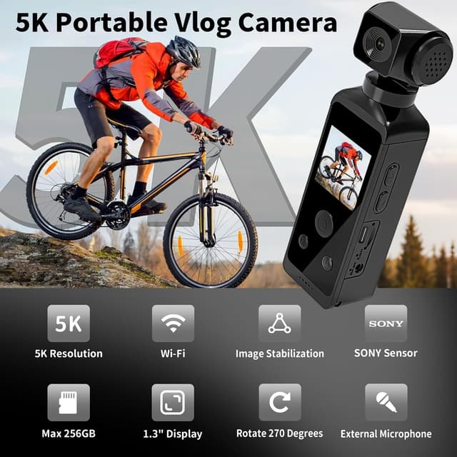 Detalle 2 de WOWAWOLA 5K Bodycam / Pocket Action Cam – 270° drehbares Objektiv, EIS und WiFi (64 GB TF-Karte im Lieferumfang)