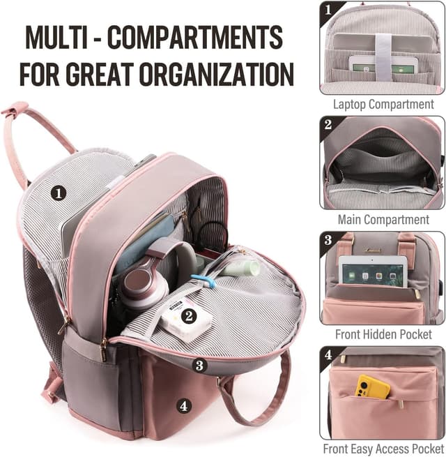 Detalle 2 de LOVEVOOK Rucksack Damen für 15,6-Zoll-Laptop (29 x 43 x 18 cm) – wasserdicht, mit USB-Anschluss, Rosa-Grau