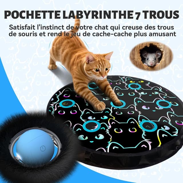Detalle de GoldenSun Balle de jeu automatique pour chat avec tapis, gazouillis et cache-cache à 7 trous (noir)
