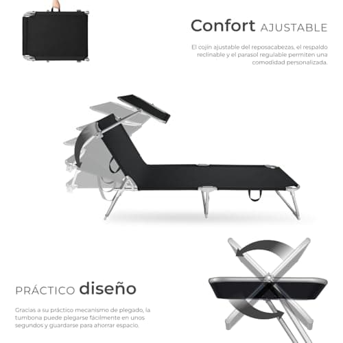 Detalle de tectake Set de 2 tumbonas de jardín plegables con parasol y respaldo regulable (110 kg máx., negro)