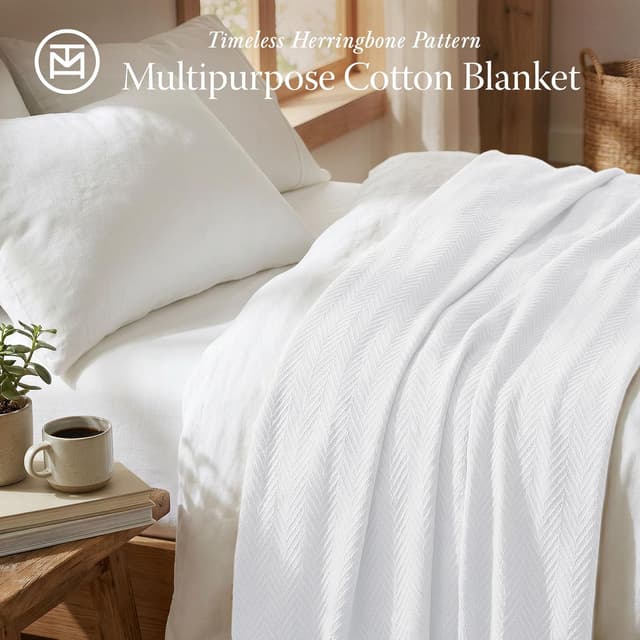 Detalle 2 de Threadmill Luxury Cotton Blanket (Queen) — 100% Cotton Herringbone Throw, White, 90x92 inches