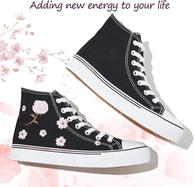 Detalle 2 de kufeiti Women’s High Top Canvas Sneakers (Lace-Up) in White/Black with Floral Embroidery