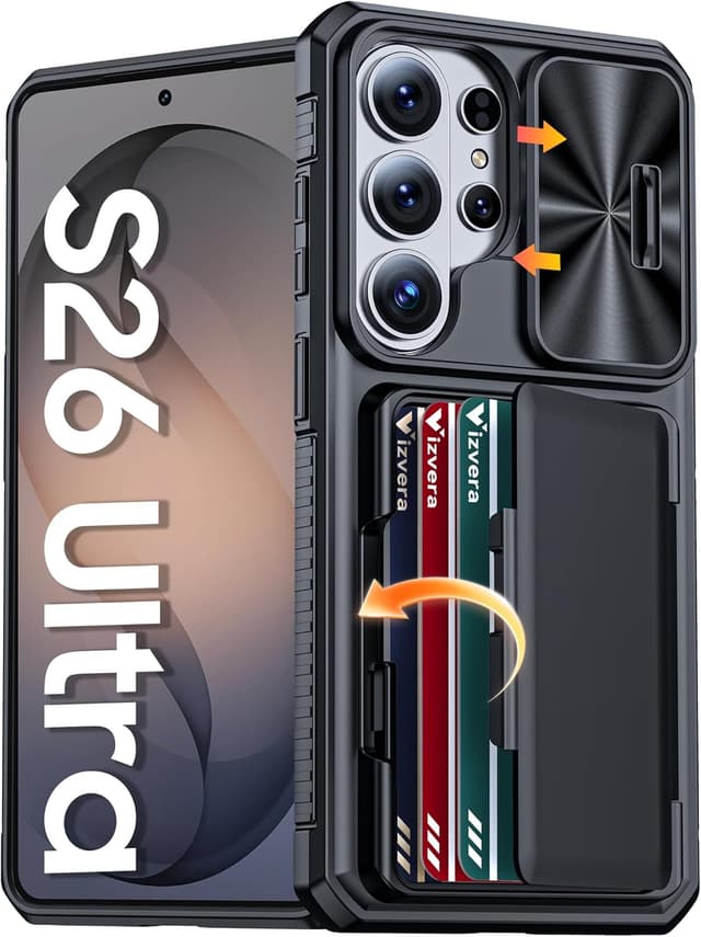 Detalle de Vizvera Galaxy S26 Ultra Case with Sliding Camera Cover, Card Wallet & RFID Protection (Black)