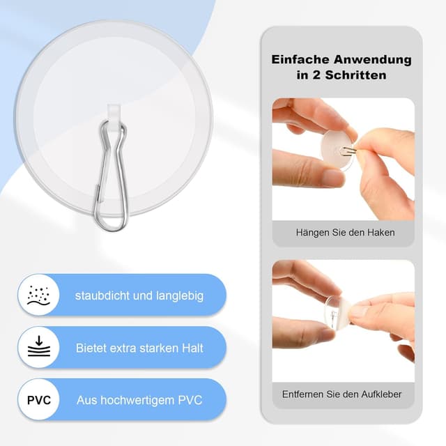 Detalle 2 de Dreamark 100 selbstklebende Deckenhaken transparent inkl. Fahnenmast-Clips (ohne Bohren)
