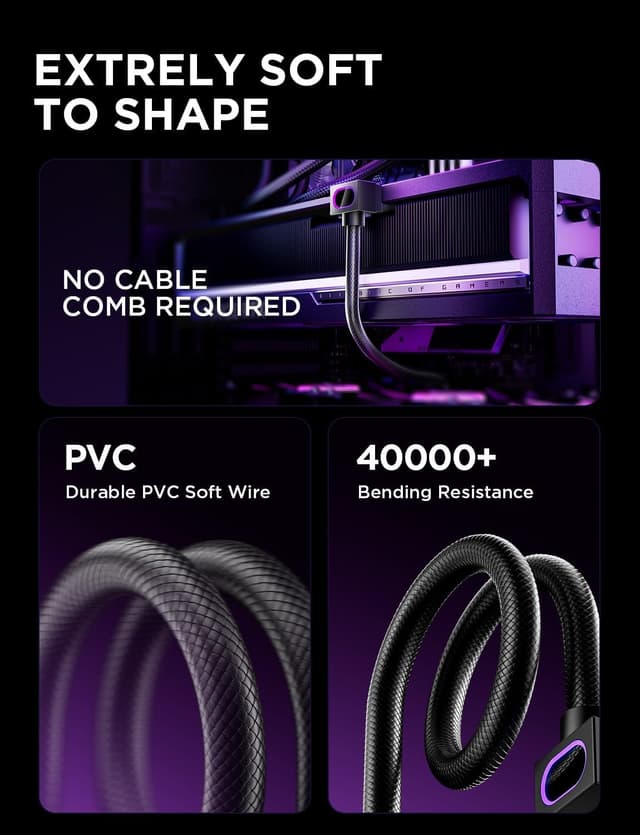 Detalle de AsiaHorse Hydrus 8-Pin GPU Verlängerungskabel (Typ A, Clip unten) mit 5V ARGB Sync, 30 cm, 18AWG (Schwarz)