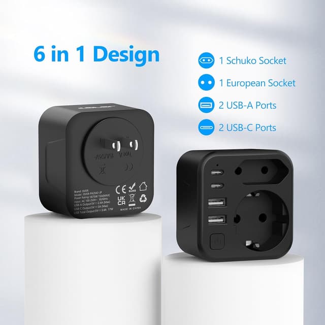 Detalle 2 de JSVER adattatore di viaggio internazionale 6 in 1 nero con 2 USB‑C e 2 USB‑A (spina Tipo A)