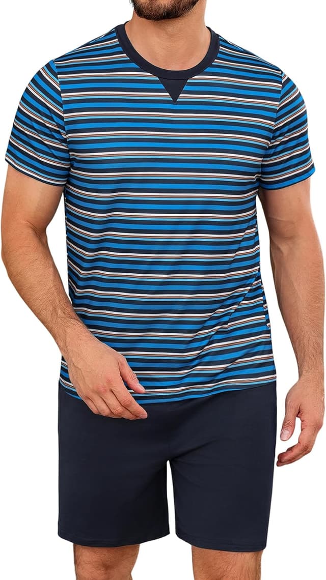 Detalle 2 de Leversic Herren-Schlafanzug kurz aus Baumwolle mit Kontraststreifen-Design – Sommer-Pyjama Set