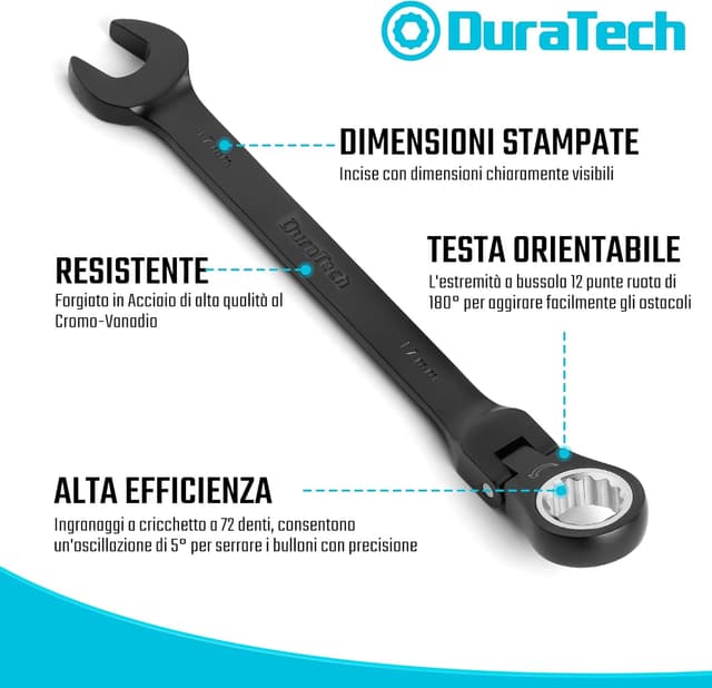 Detalle de DURATECH set di chiavi combinate a cricchetto con testa flessibile, 72 denti (9 pezzi) con custodia