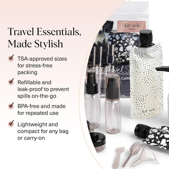 Detalle 2 de Kitsch 11 PCS Travel Bottles for Toiletries Travel Essentials Kit (Black & Ivory) – Leak-Proof Refillable Containers