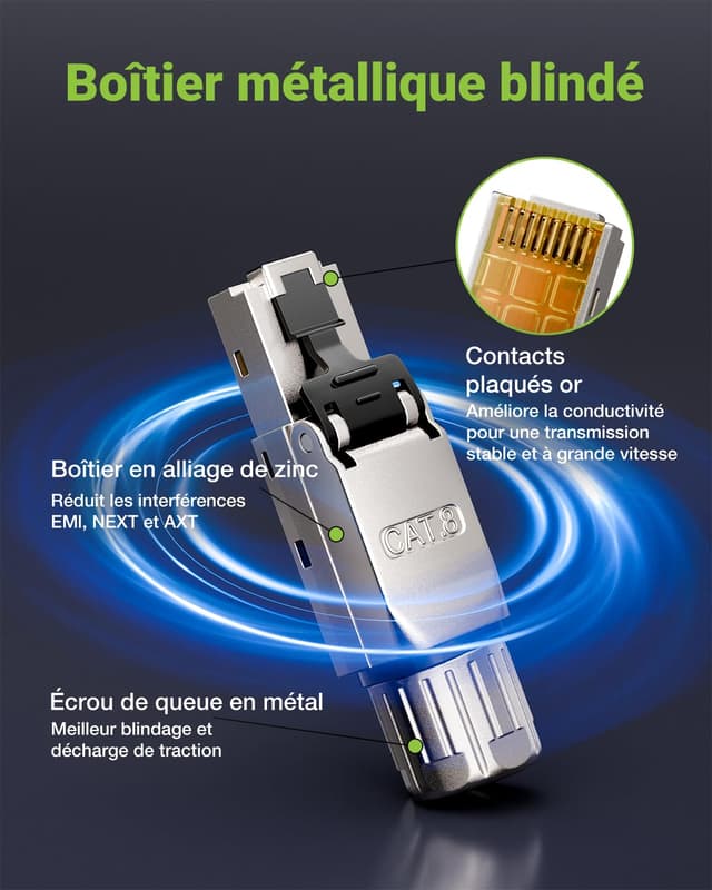 Detalle de LEENUE Lot de 2 connecteurs RJ45 sans outil Cat8 (40 Gbit/s, 2000 MHz) pour câbles blindés et PoE
