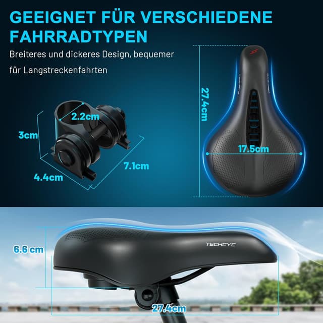 Detalle 2 de TECHCYC Fahrradsattel mit Memory-Schaum und Luftfederung – ergonomischer Sattel für Herren & Damen, wählbar in 3 Ausführungen