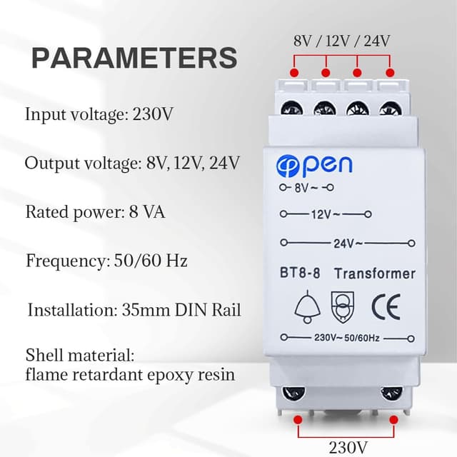 Detalle 1 de AMFUN Trasformatore per campanelli su guida DIN con uscite 8V, 12V e 24V AC