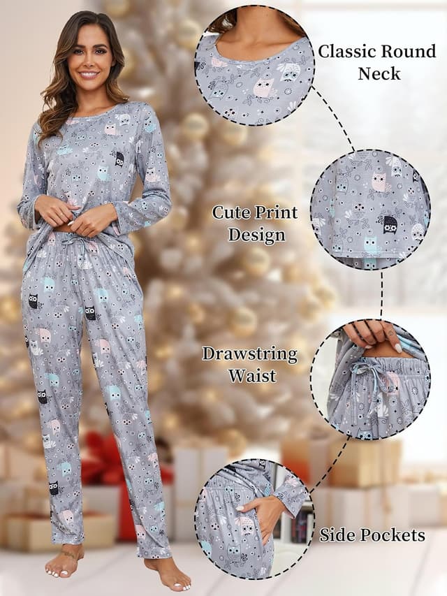 Detalle de Reliwel Damen-Schlafanzug Lang aus Baumwolle – Pyjama-Set mit Langarm-Oberteil und langer Schlafanzughose