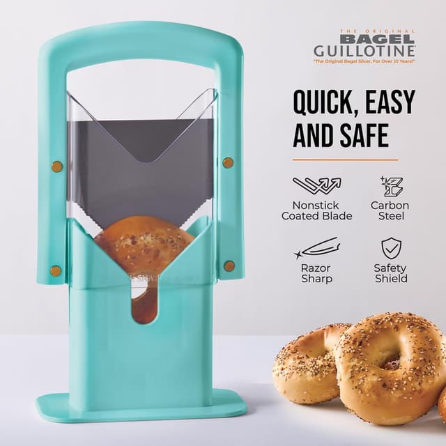 Detalle de Hoan Bagel Guillotine Universal Slicer with Built-In Safety Shield (9.25 in) — Aqua Sky