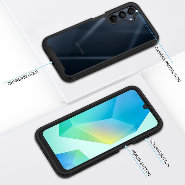 Detalle de CENHUFO for Samsung A17 / A16 Case with built-in screen protector and 360° shockproof cover (Black/Clear)