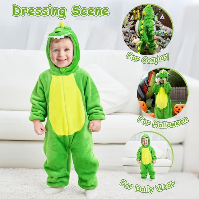 Detalle 2 de DiULi dinosaur winter hooded flannel romper with front zipper (baby boys & girls)