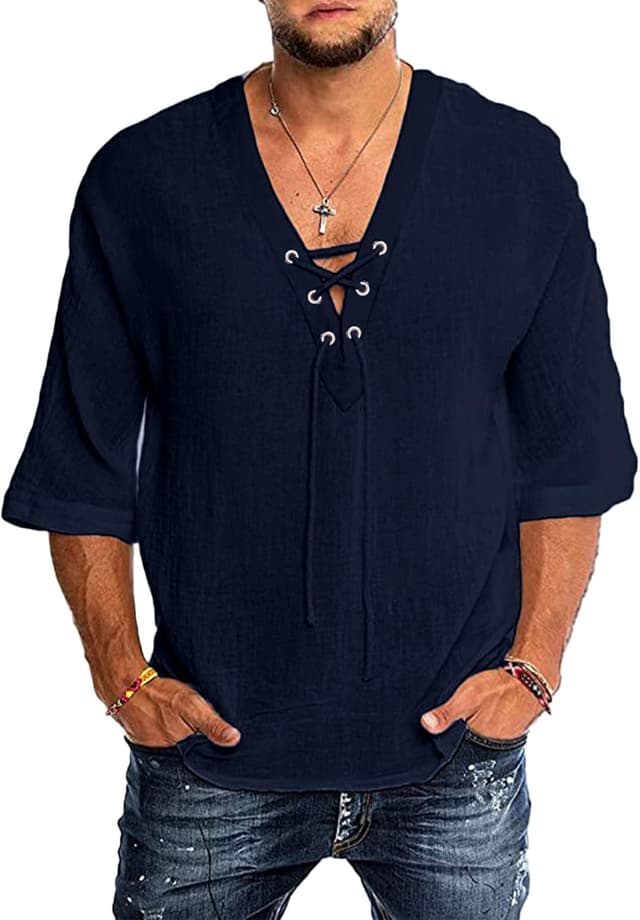 Detalle de YAOBAOLE Chemise homme manches 3/4 coton lin vintage médiéval à lacets