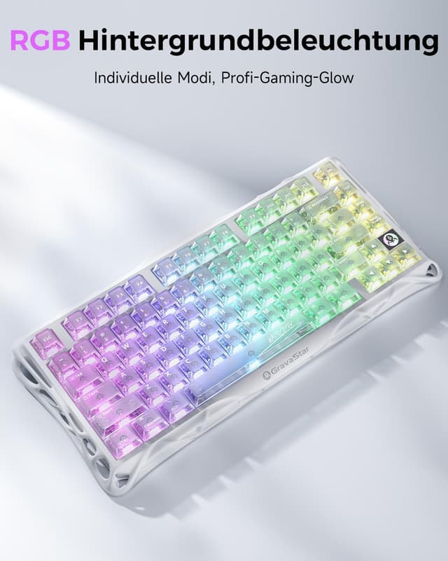 Detalle 2 de GravaStar Mercury K1 Lite 75% Gaming-Tastatur (Tri-Mode, Hot Swap, RGB) – QWERTY Crystal Aurora