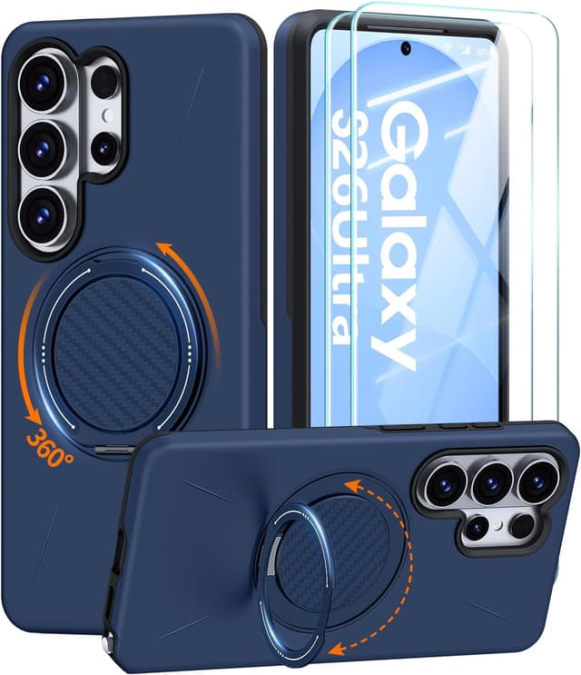 Detalle de AOUIA for Samsung S26 Ultra Case (Blue) with 2-Pack Screen Protector and 360° Rotating Kickstand