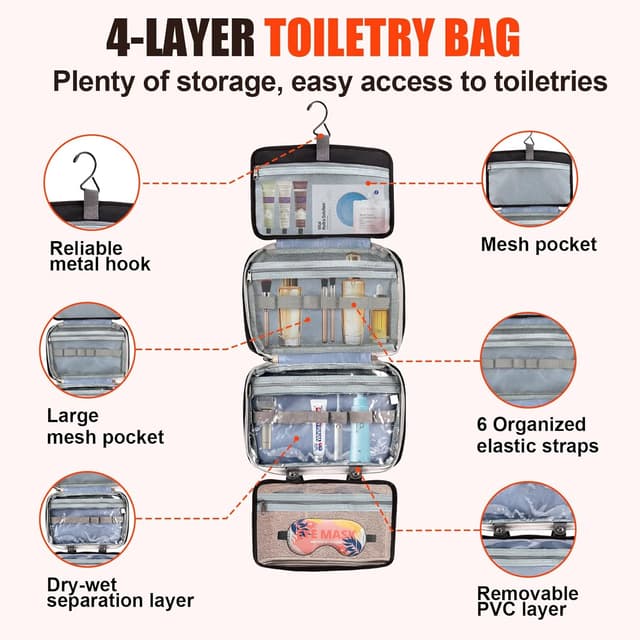 Detalle de FeinKulturia Kulturbeutel Reisetasche mit Metallhaken – faltbare, wasserabweisende Kulturtasche mit Nass-Trocken-Trennung (schwarz)