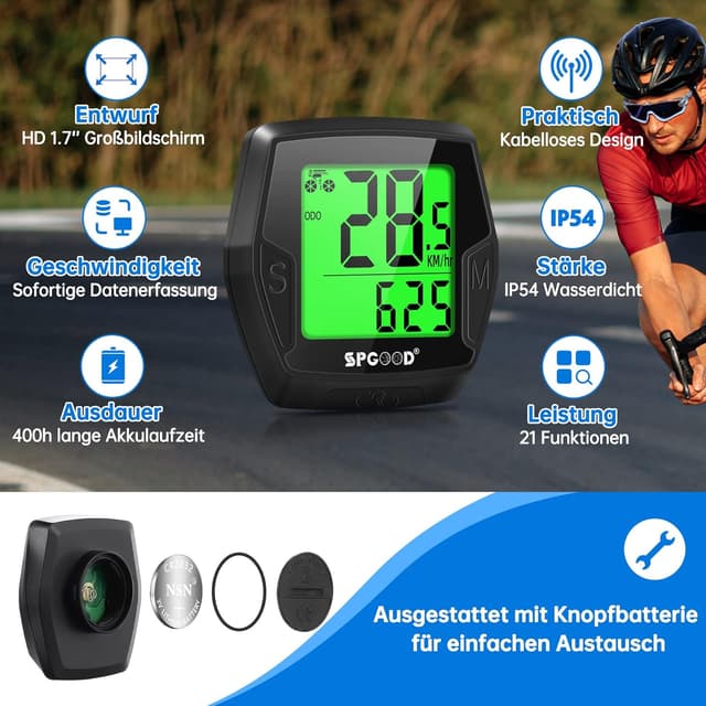 Detalle 2 de SPGOOD kabelloser Fahrradcomputer mit 21 Funktionen, IP54 und beleuchtetem Display