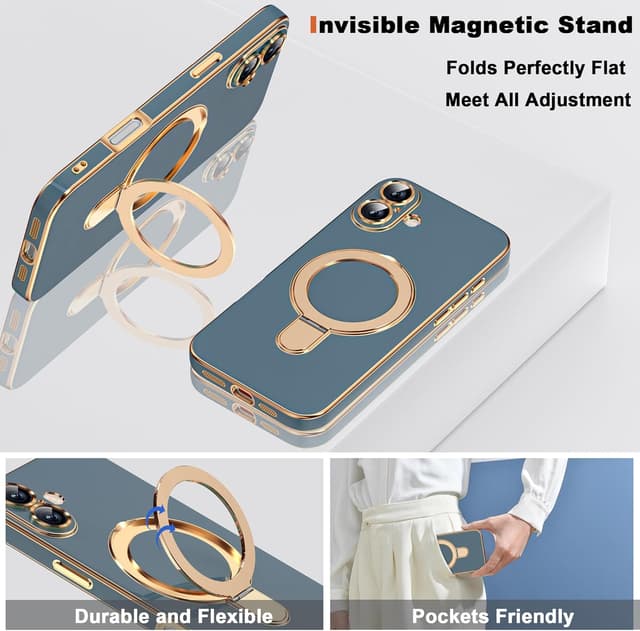 Detalle de ETPESOK iPhone 17 Case (6.3") with Magnetic Ring Stand, Mag-Safe Compatible, Full Camera Lens Protection, Grey Blue