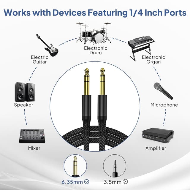 Detalle 2 de Elebase 6,35 mm TRS Gitarrenkabel (3 m) – 2er-Set mit 6,3 mm Klinke für Gitarre, Bass & Keyboard